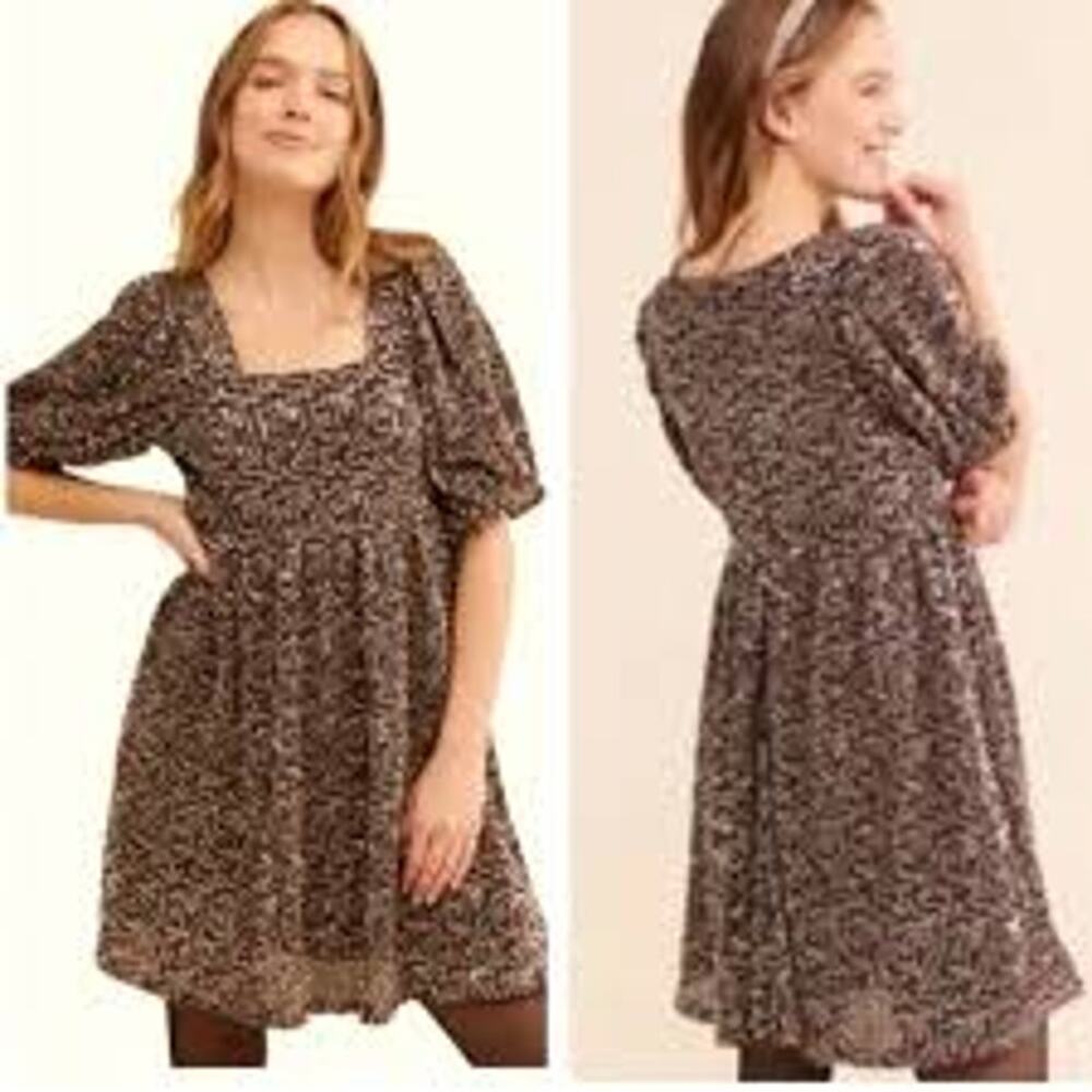 Moon River Brown Silver Sequin Puff Sleeve Babydoll Sparkle Dress Women's Size S